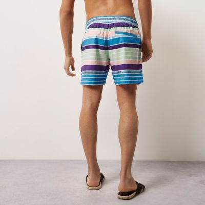 Blue multi coloured stripe swim shorts
